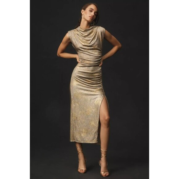 Anthropologie Sz M Maya Ruched Cowl-Neck Midi Dress Shine Edition Metallic Gold - Picture 1 of 11